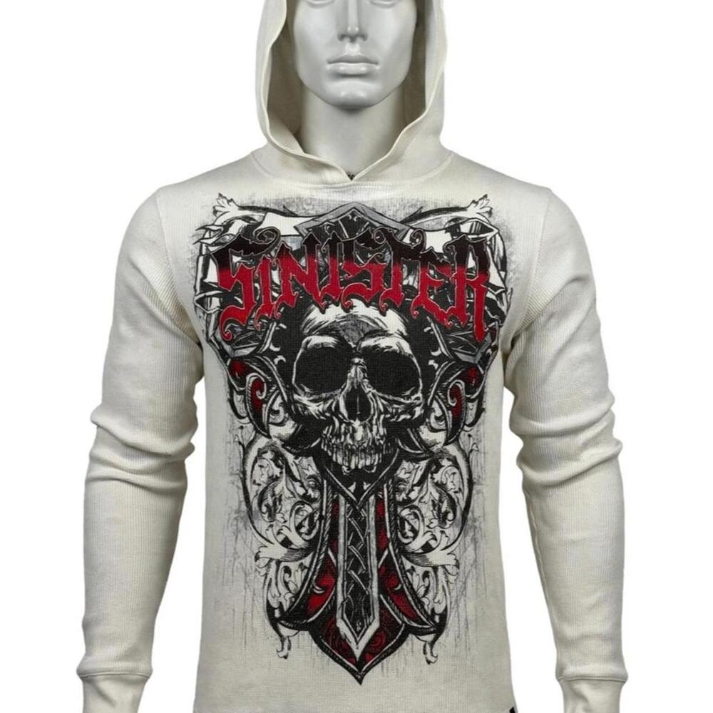 VTG Y2K Sinister Brand Skull Cross Waffle Thermal Hoodie Mens S Affliction